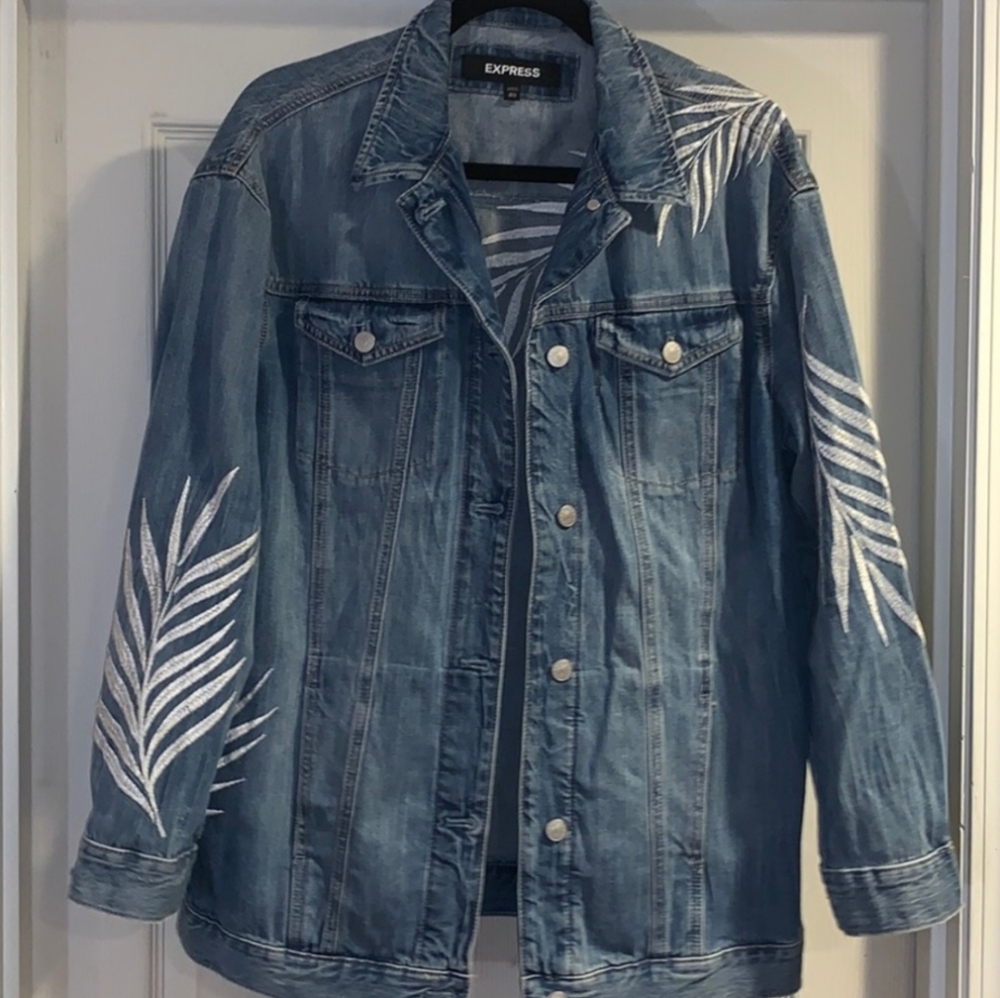 Express Light Denim Jacket with White/Silver Embroidered Palm Leaves